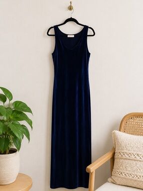 Vintage Blue Velvet Maxi‎ Dress S VNeck Sleeveless Whimsigoth Gothic Formal Prom